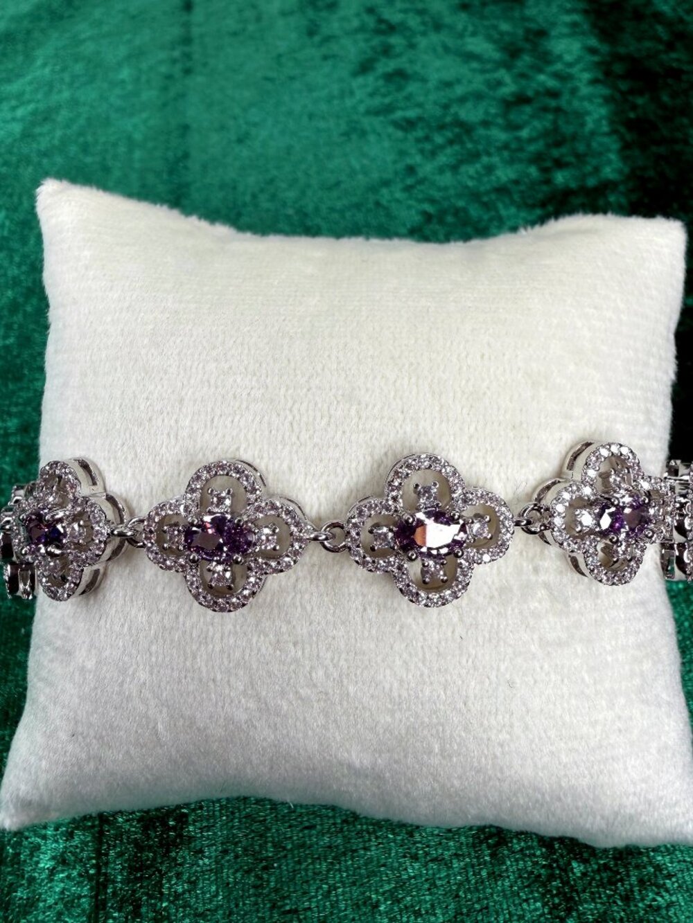 14 Karat White Gold Plated Simulated Amethyst Four Leaf Clover Bracelet